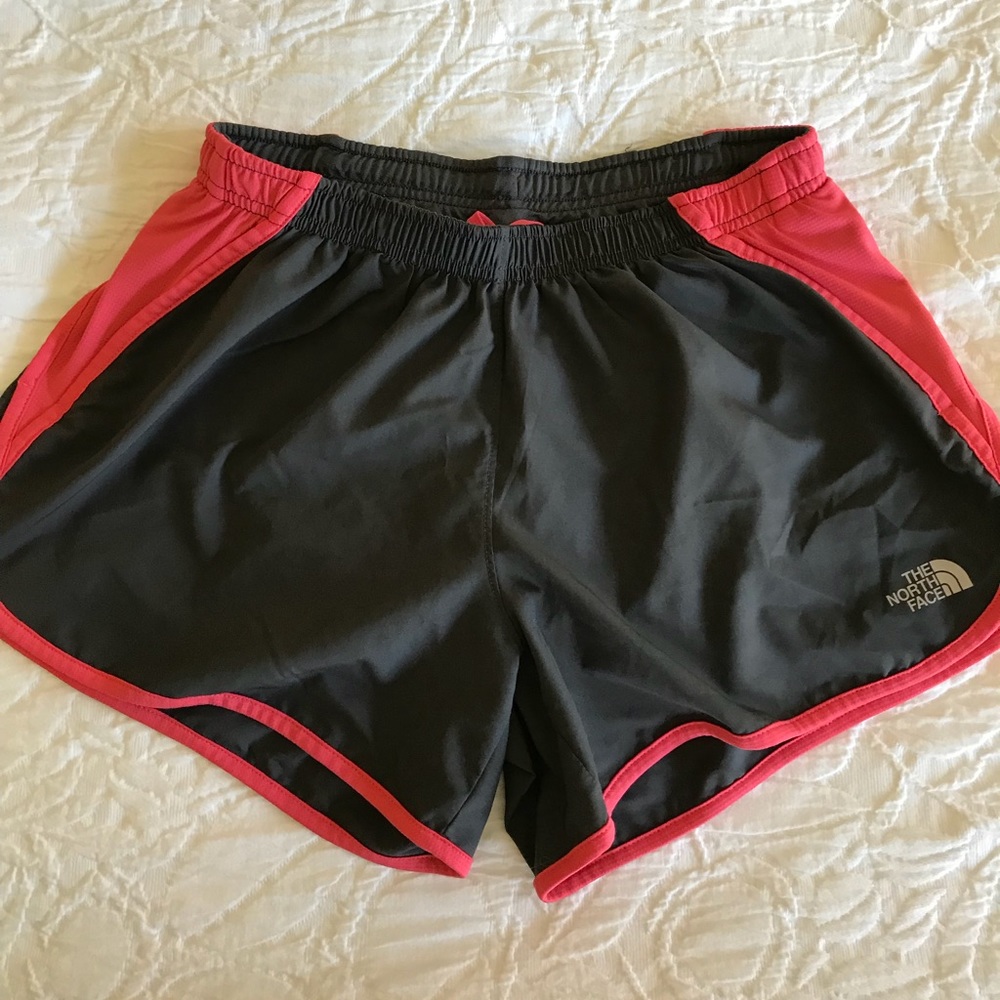 Dark gray and coral North Face running shorts
